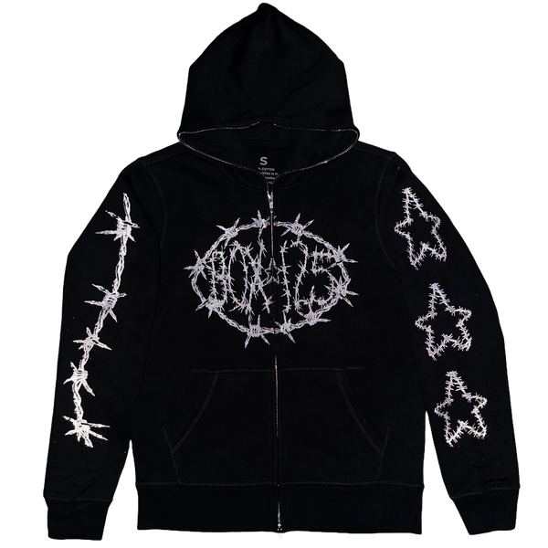 BARBED WIRE FULL ZIP HOODIE - BLACK – BOX 125 BARBED WIRE FULL ZIP HOODIE - BLACK – BOX 125