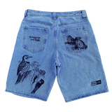 BIRDS BAGGY JEAN SHORTS - LIGHT BLUE DENIM
